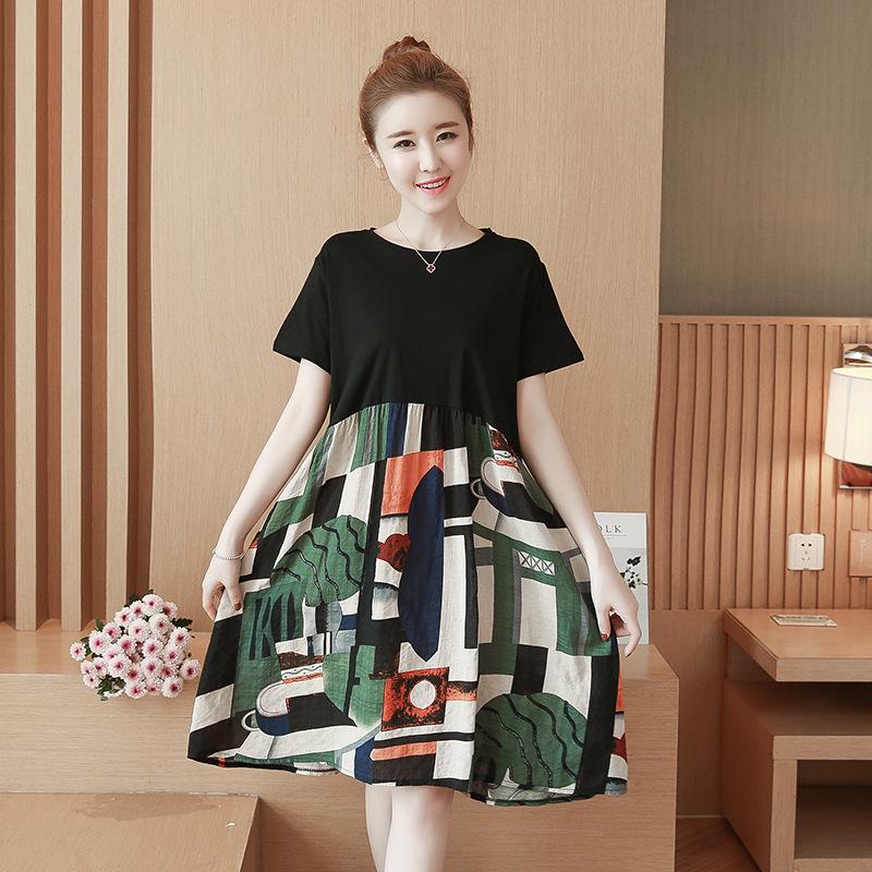 Women Summer Fashion Printing Splice Loose Short Sleeve A-line Dress