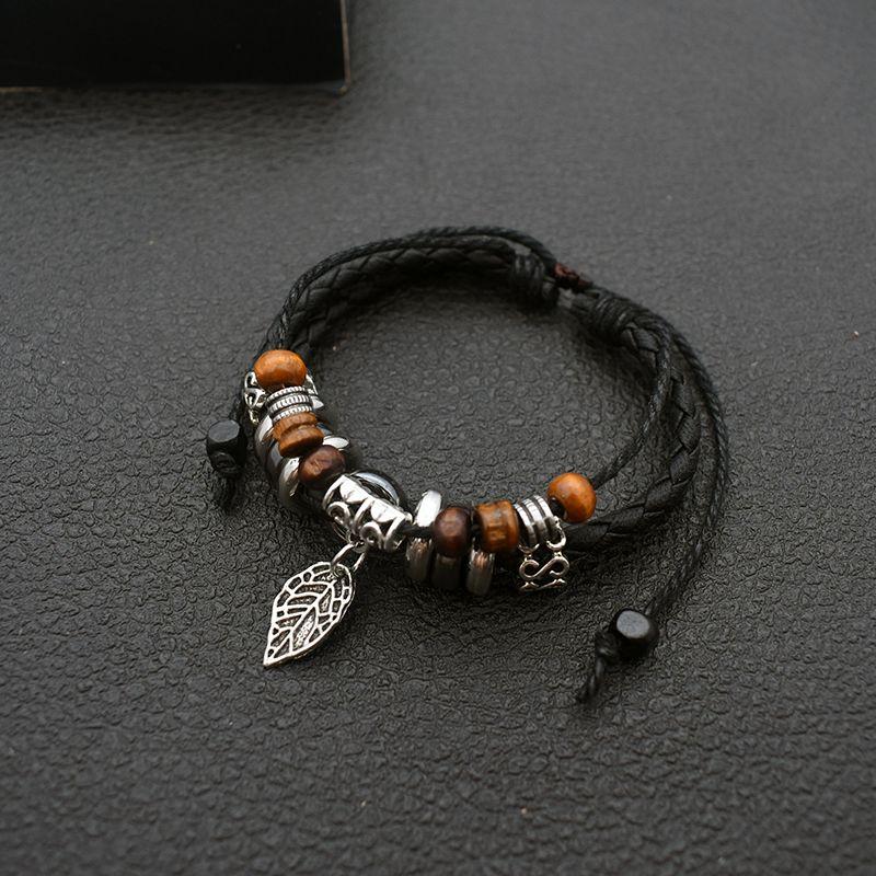 

Кожаный многослойный браслет в стиле ретро в форме листа для студентов и пар Black