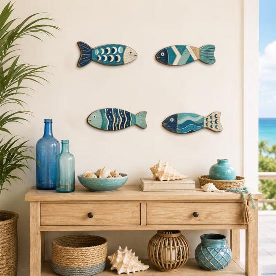 Seaside Housewarming Gift Ideas 4Pcs Wooden Fish Wall Decor, 2D Flat Mediterranean Style Hanging Ornaments for Coastal Nautical Sculpture Bedroom Home