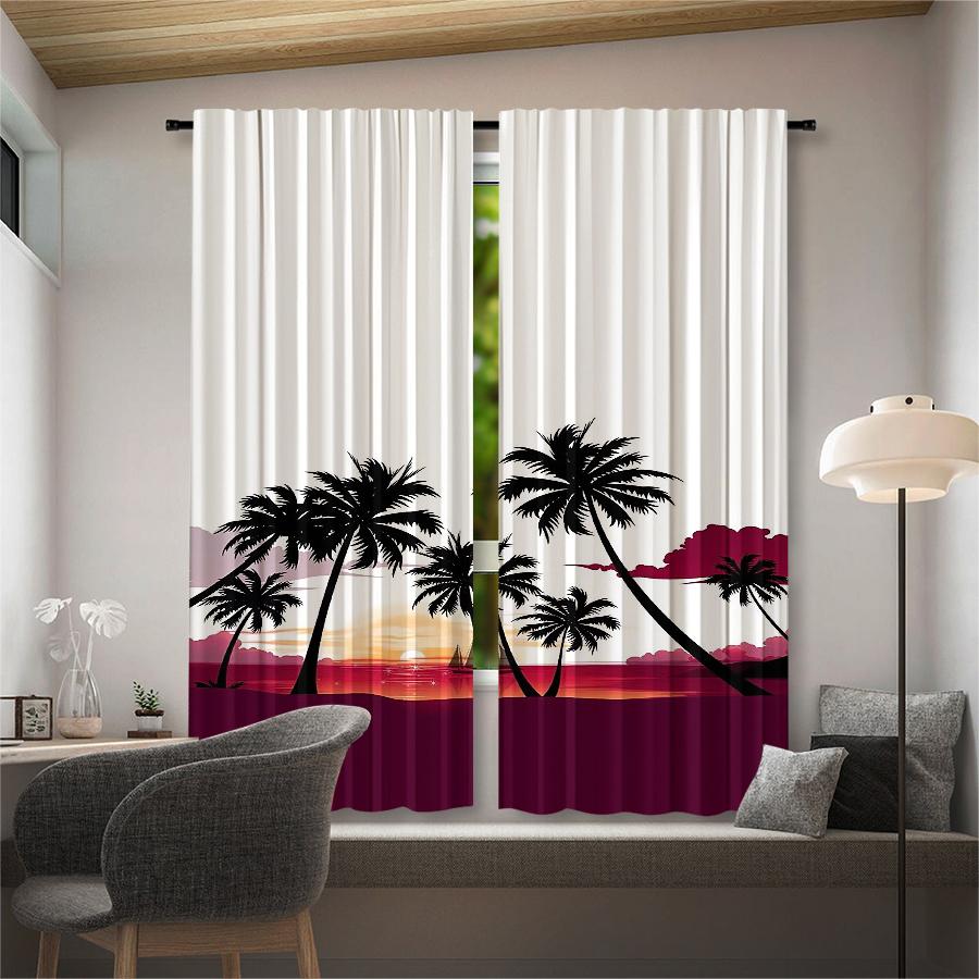 Coconut Tree Landscape Printed Curtains Pole Bag Christmas Decorations Daily Home Room Made Of Polyester