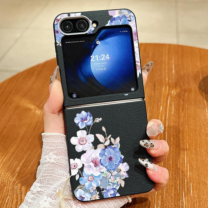 Leather Texture TPU Case For Magsafe For Samsung Galaxy Z Flip 6 5 4 3 5G Flip6 Flip5 Flip4 Blue Flower Patterned Folding Cover