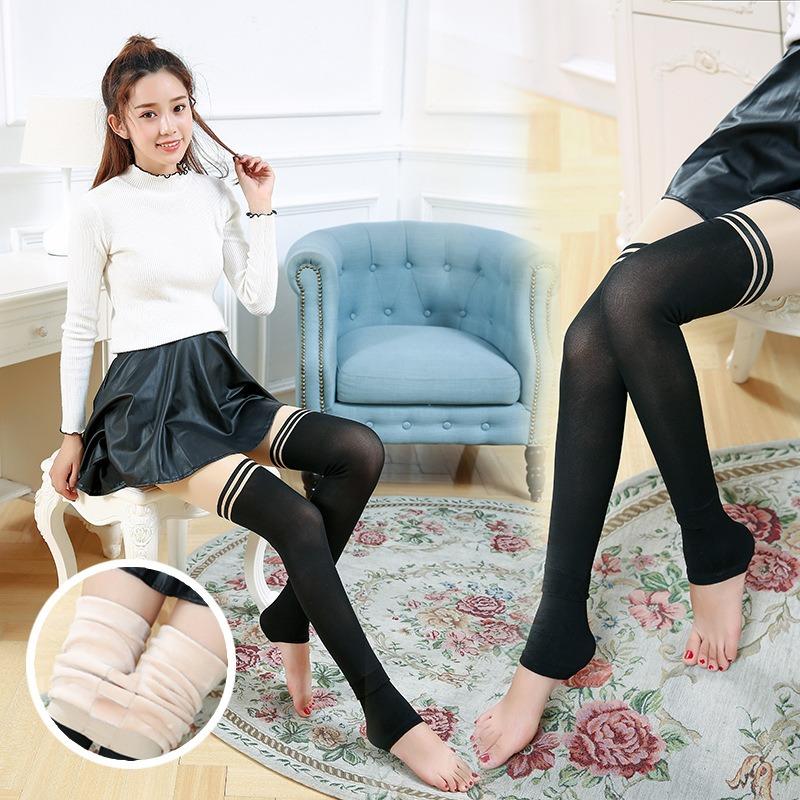 Autumn and Winter Women's Thickened Velvet Fake Meat Splicing Fake Tall Leggings Over the Knee Fake Thighs Wear Double-layer Thermal Pants