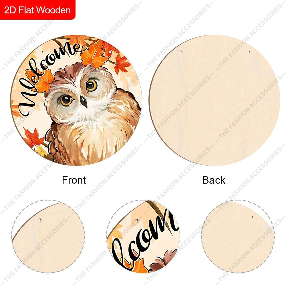 Welcome Autumn Owl Maple Leaf Round Wooden Hanging Sign, 2D Flat Printed Fall Front Door Decor, Harvest Season Wall Ornament Gift