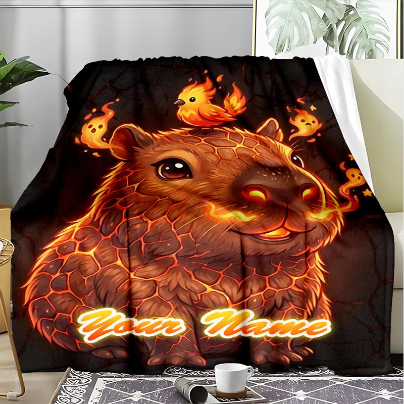1PC Custom Name Luminous Capybara Birds Flannel Blanket Versatile,all-season Throw Suitable for the Living Room,bedroom,camping,travel,and Gift