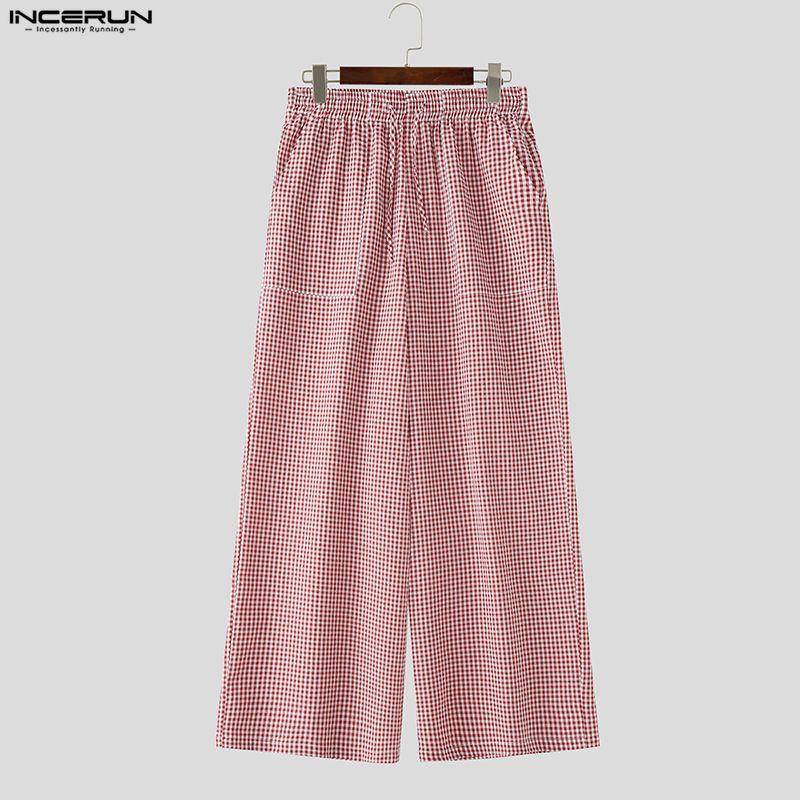 INCERUN Men Drawstring Elastic Waist Plaid Print Casual Long Wide Leg Pants Trousers