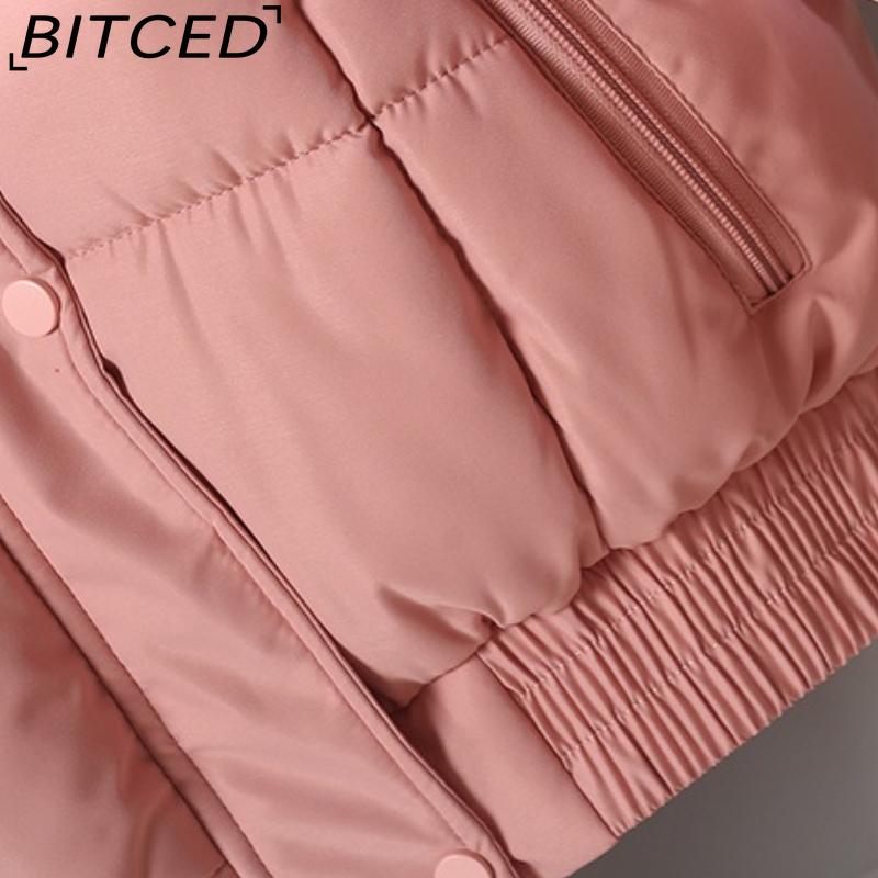 BITCED Women's Short-Length Puffer Coat Winter Fleece-Lined Thickened Cotton Jacket with Large Fur Collar Bread-Style Outerwear