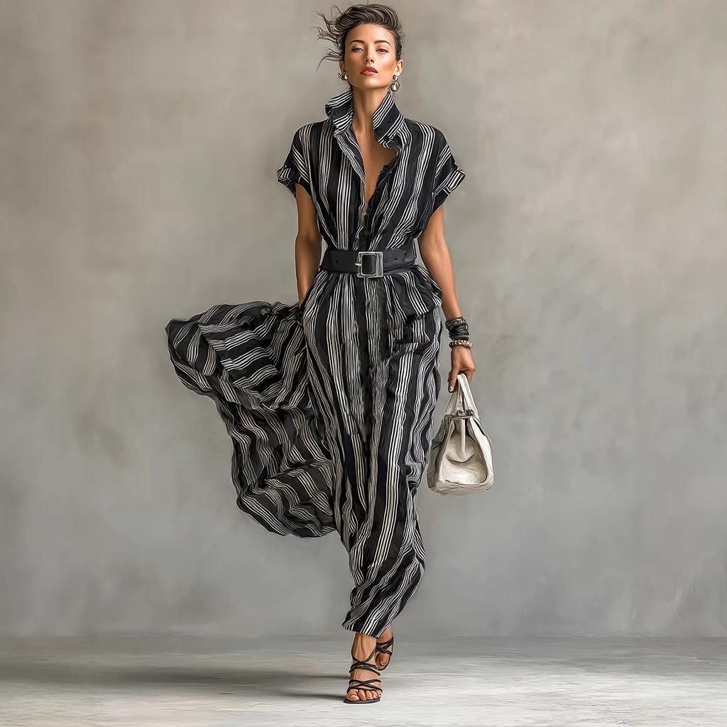 2026 European and American Cross-border Temu Amazon Independent Station Temperament Professional Women's Clothing Short-sleeved Striped Shirt Dress