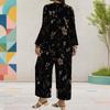 Women Plus Size Black Floral Printed Round Neck Long Sleeve Top Wide Leg Cropped Pants Two Piece Set