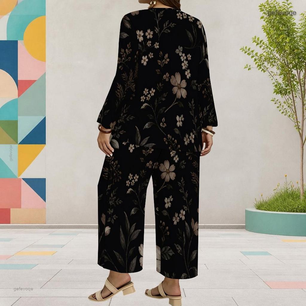 Women Plus Size Black Floral Printed Round Neck Long Sleeve Top Wide Leg Cropped Pants Two Piece Set