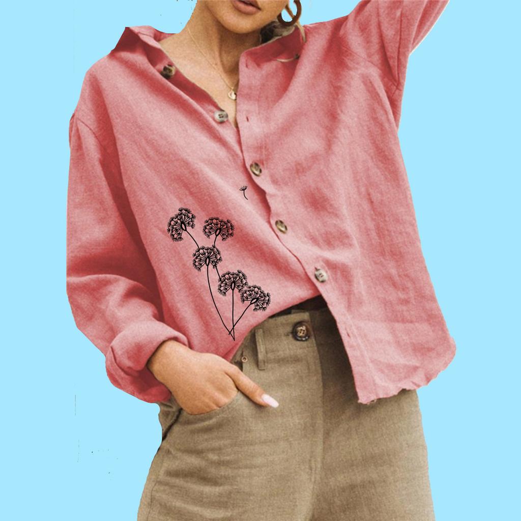 Moda Donna Blusa Stampa Floreale Estate&Autunno Camicia Casual in Lino Top Manica Lunga Abbottonato Largo da Donna