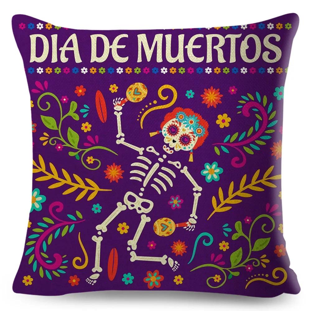 Day Of The Dead Pillowcase Decor Cartoon Mexico Flower Skull Print Cushion Cover for Sofa Home Polyester Pillow Case 45x45cm