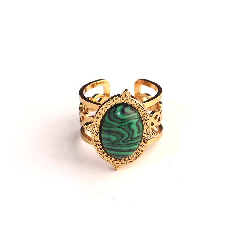 Adjustable Gold-Plated Stainless Steel Open Ring with Stone – Versatile Retro Jewelry