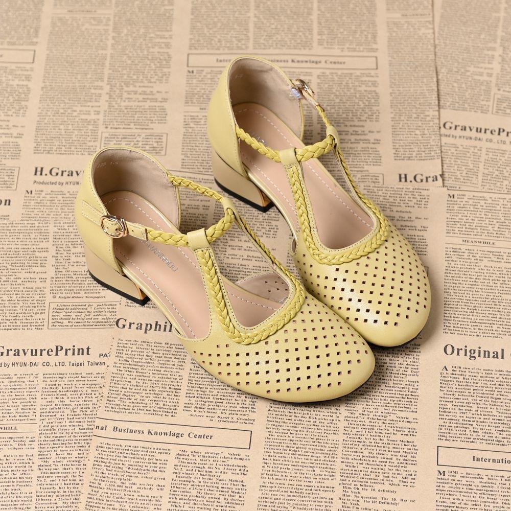 

Баотоу сандалии женские на толстой подошве и толстом каблуке, из мягкой кожи, для улицы, с ремешком на щиколотке, летние новые дышащие туфли с перфорацией, сандалии женские 40 жёлтый