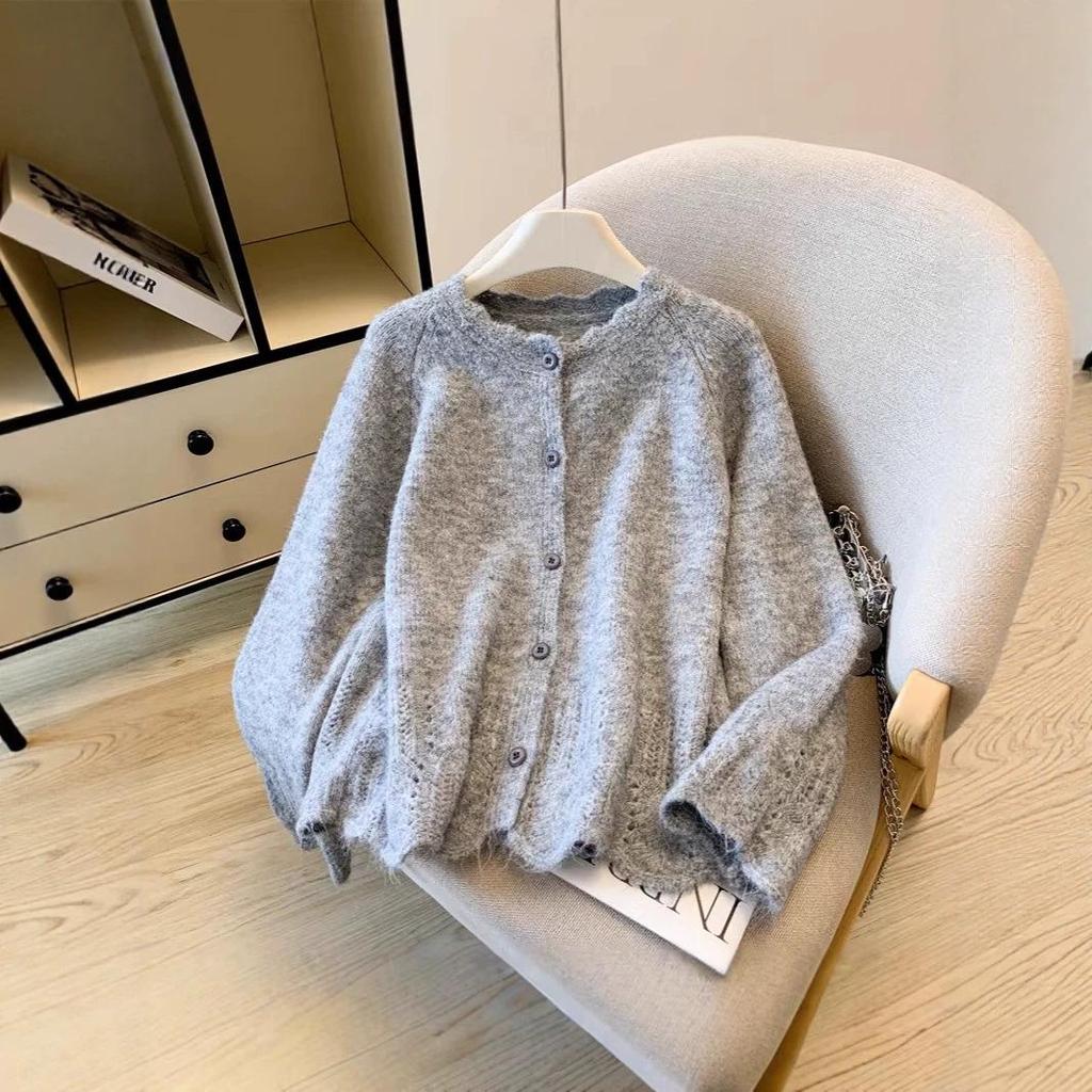 Women's Soft Knit Cardigan with Colorful Lace Collar - Cozy Autumn/Winter Loose Fit Fur Coat