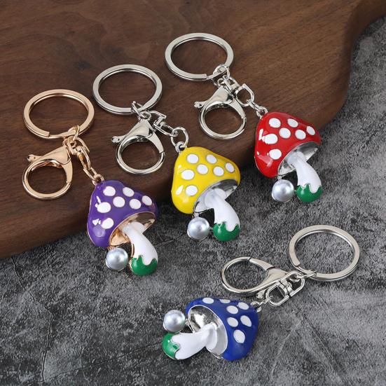 Zinc Alloy Keychain Pendant, Dripping Process Key Ring with Imitation Pearl Cartoon Mushroom Shape, Multiple Colors Bag Charm