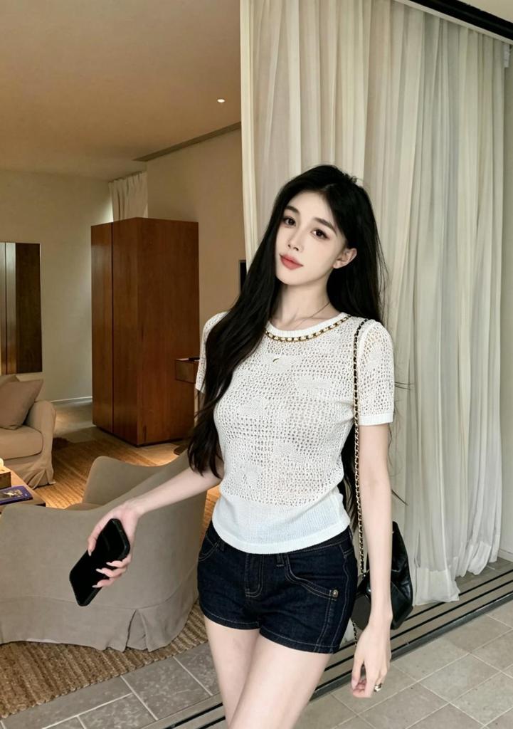 Fragrant Bow Jacquard Knit Hollow Short Sleeve Top