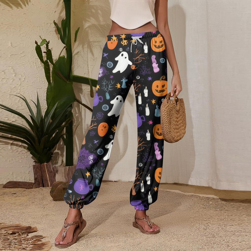 Women's Halloween Print Joggers with Drawstring Elastic Waistband and Cuffed Hem for Casual Everyday