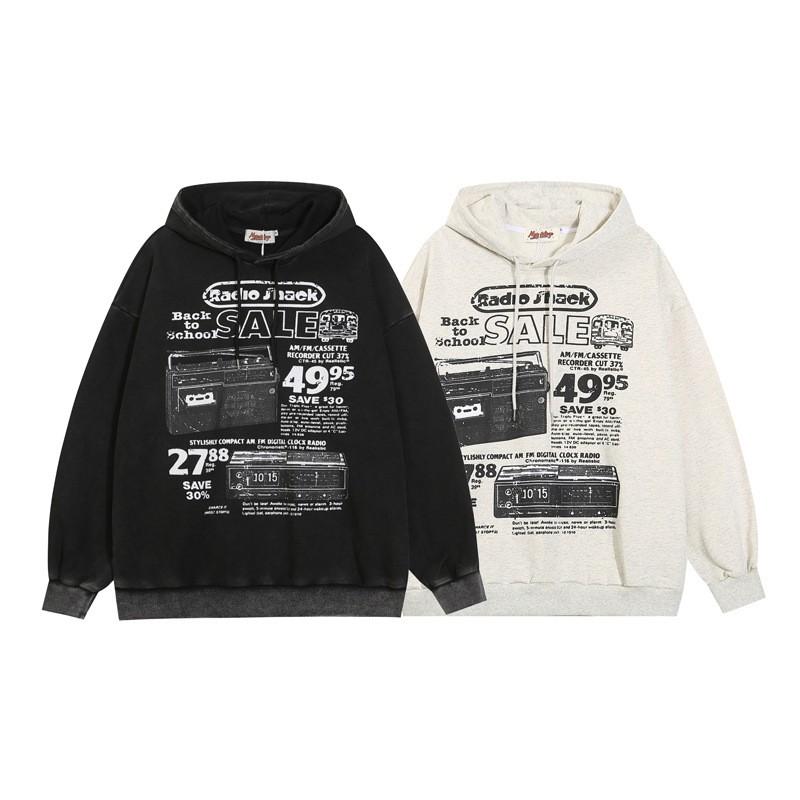Oversized Hooded Sweatshirt Men Women Heavyweight Cotton Blend With Distressed Wash Print Streetwear Loose Fit