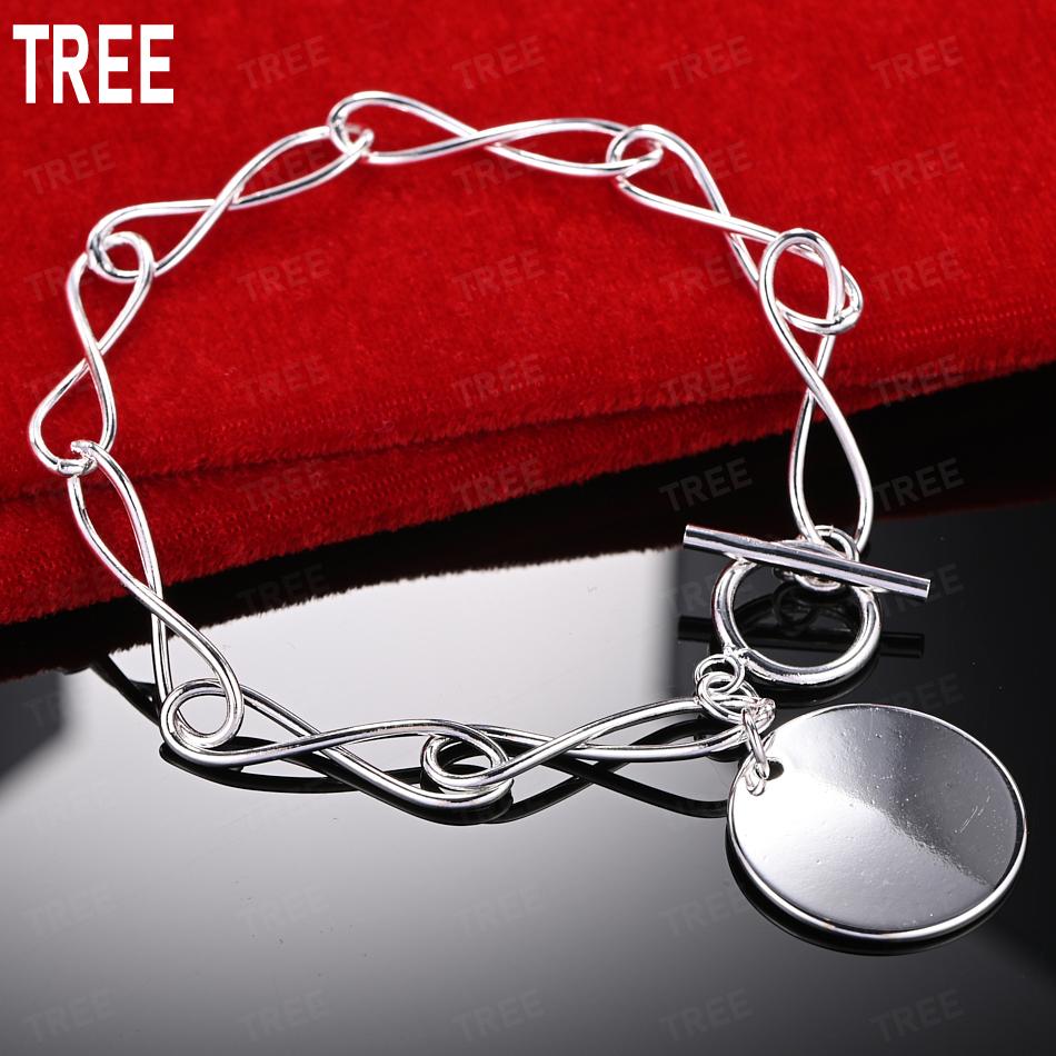 925 Sterling Silver Simple Round Disc Side Chain Elegant Bracelet Gift Jewelry 20CM