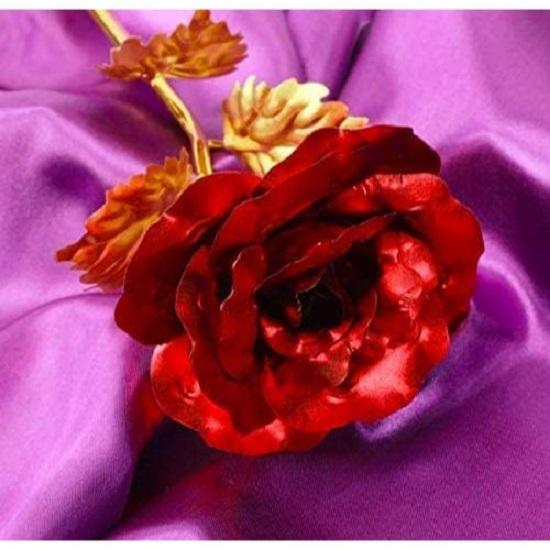 GIFT Red Rose Flower with Golden Leaf with Gift Box with Carry Bag 29 cm x 10 cm x 10 cm