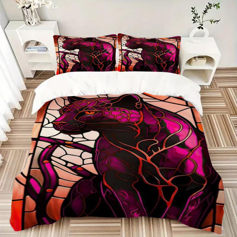 3pcs Panther Stained Glass Duvet Cover Set, Soft Comfortable Duvet Cover,Guest Room (1*Duvet Cover + 2*Pillowcase, Without Core) yy251104154