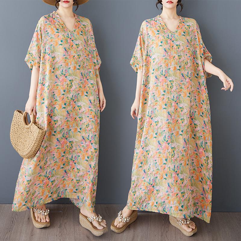 Dimanaf 2025 Summer Plus Size Dress Women Casual V-Neck Vintage Shirt Dress Loose Basic Printing Dress