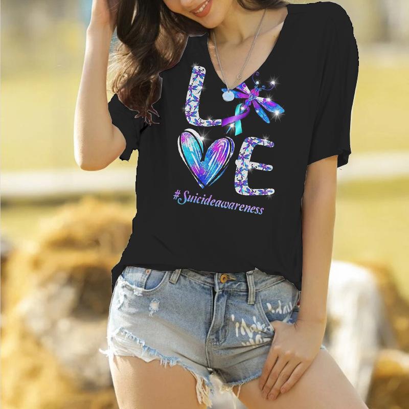 

Women T Shirts Fashion Elegant Valentine s Day Collection New Black 3D Print V-Neck Pullover Ladies Casual Short Sleeve T-Shirts 2XL