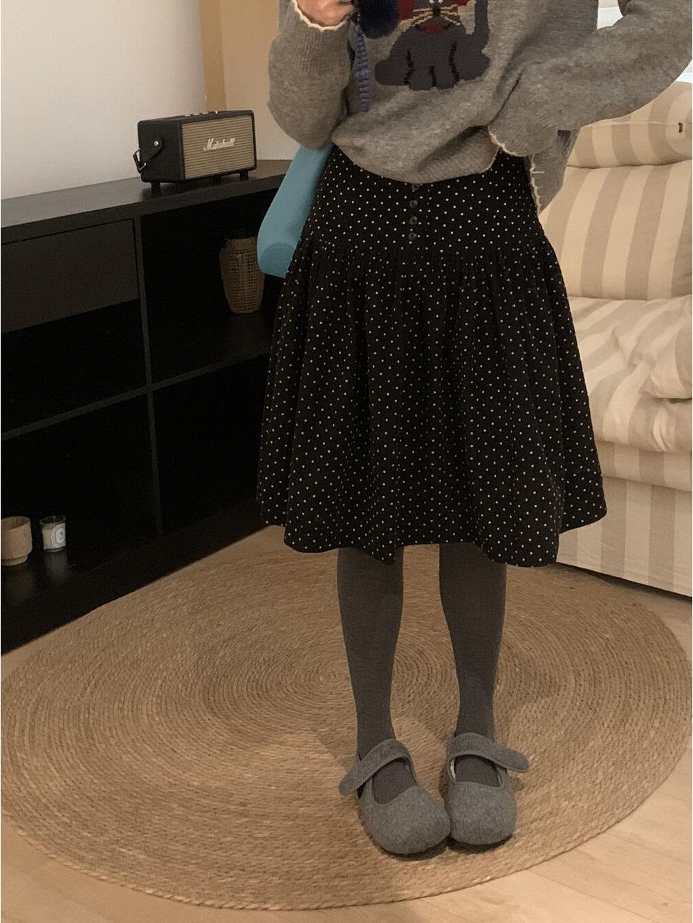 Velour Sweet Polka Dot Slimming High-Waisted Winter Midi Skirt L