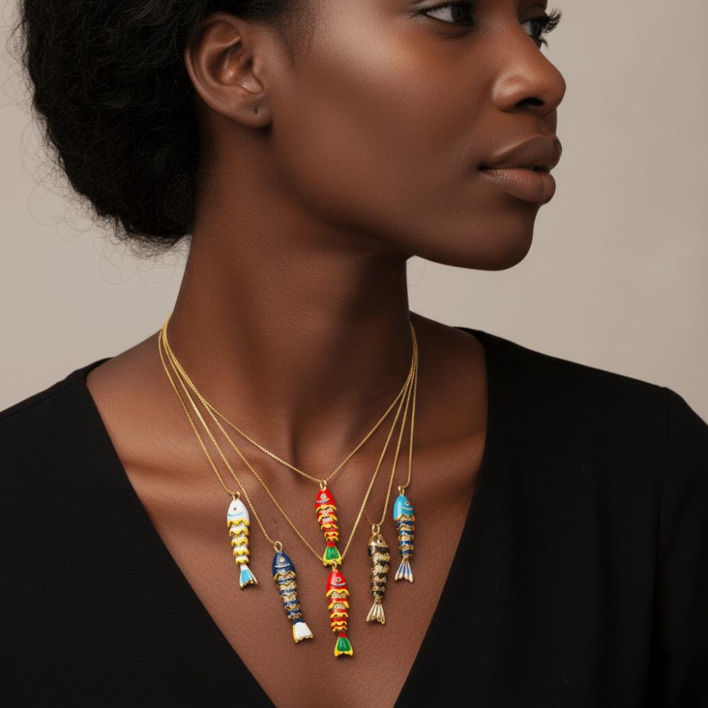 Collier Vitré Mobile Bijoux Dorés Colorés Personnalité Collier Poisson Émail Femme