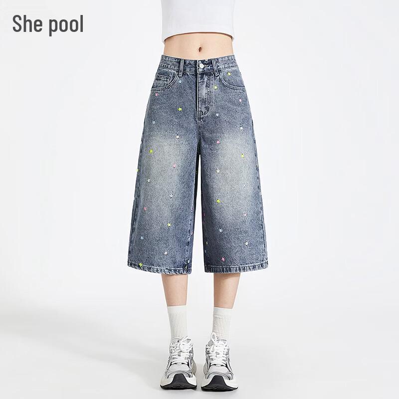 

Women s Star Embroidered Washed Denim Cropped Wide-Leg Pants M