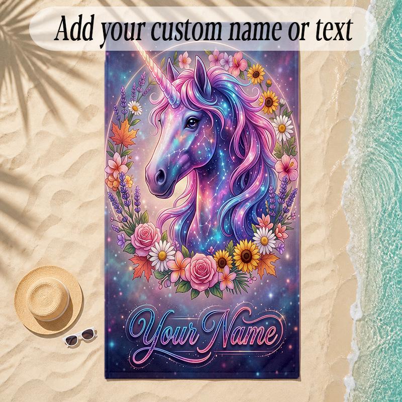 Unicorn Theme Soft Beach Towel Personalized Custom Name Text Towel Portable for Beach Pool Travel