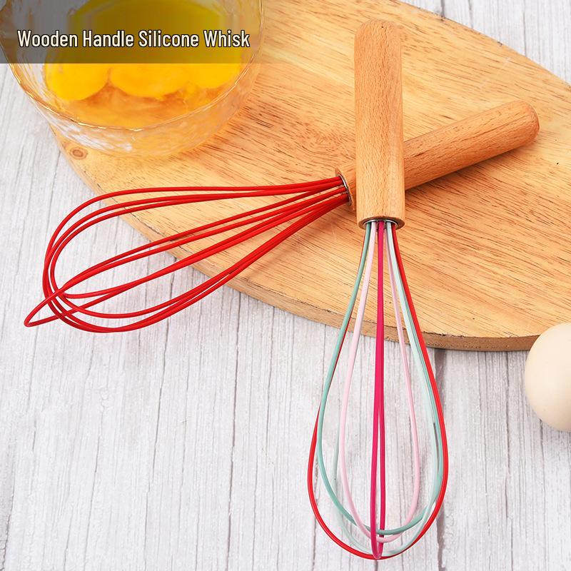 Silicone Whisk with Wooden Handle - Manual Milk Frother & Egg Beater