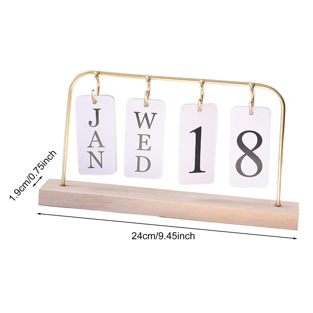 Metal Flip Calendar with Wooden Base Daily Perpetual Desk Calendar Turn Page Month Date Display Standing Desktop Planner