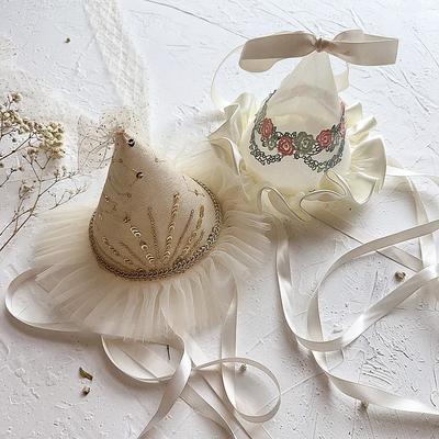 Lace Bow Baby Birthday Party Hat Embroidery Flower Princess Crown Cap Newborn Photography Props Kids Hair Accessories