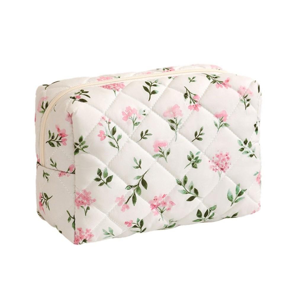 Fashion Quilted Makeup Bag Flower Printed Lightweight Cosmetic Pouch Large Capacity Travel Toiletry Handbag for Women