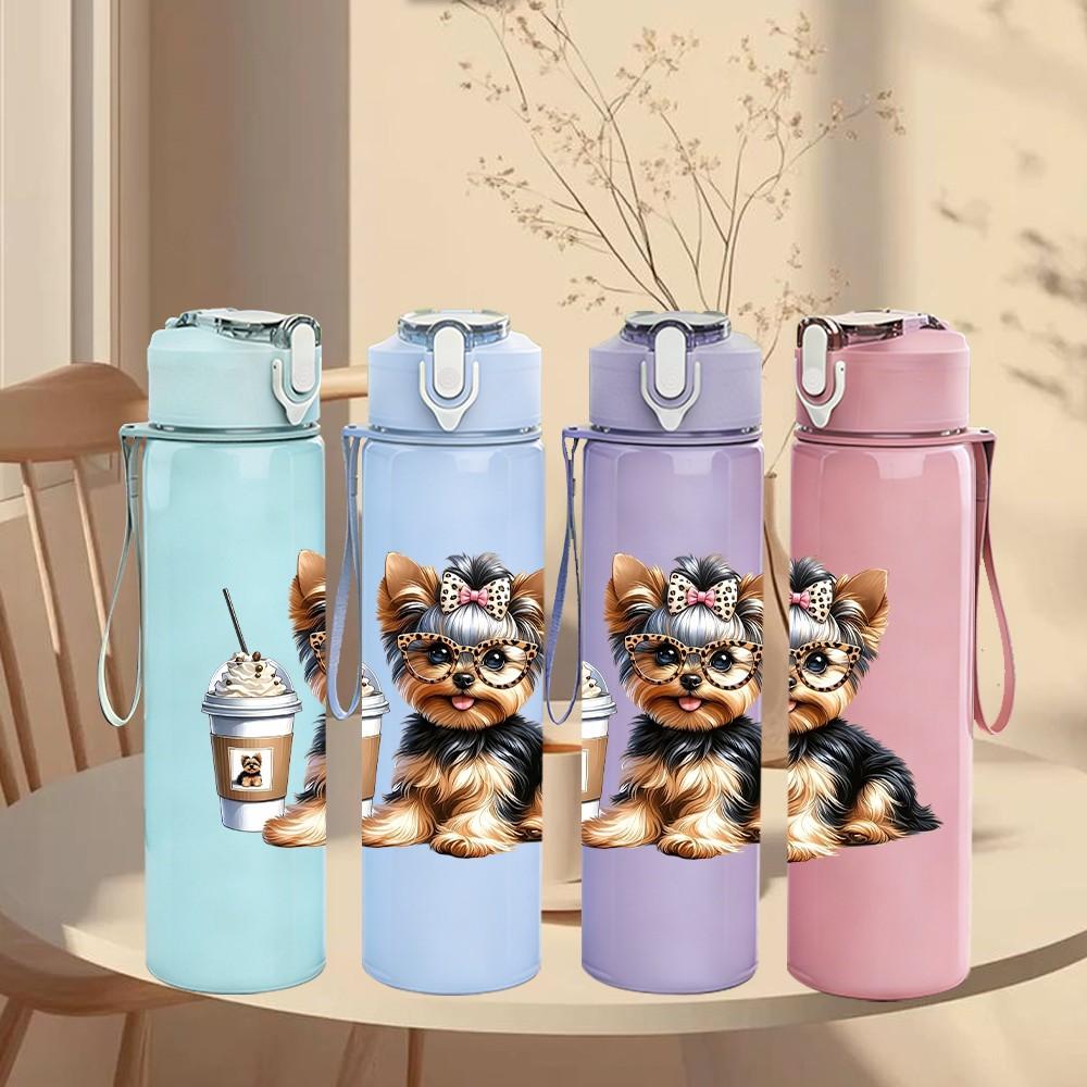 1PC Cute Coffee Puppy Dog Pattern 750ml Color Plastic Sports Water Bottle Leakproof Flip Straw Lid Suitable for Sports Office Home Use