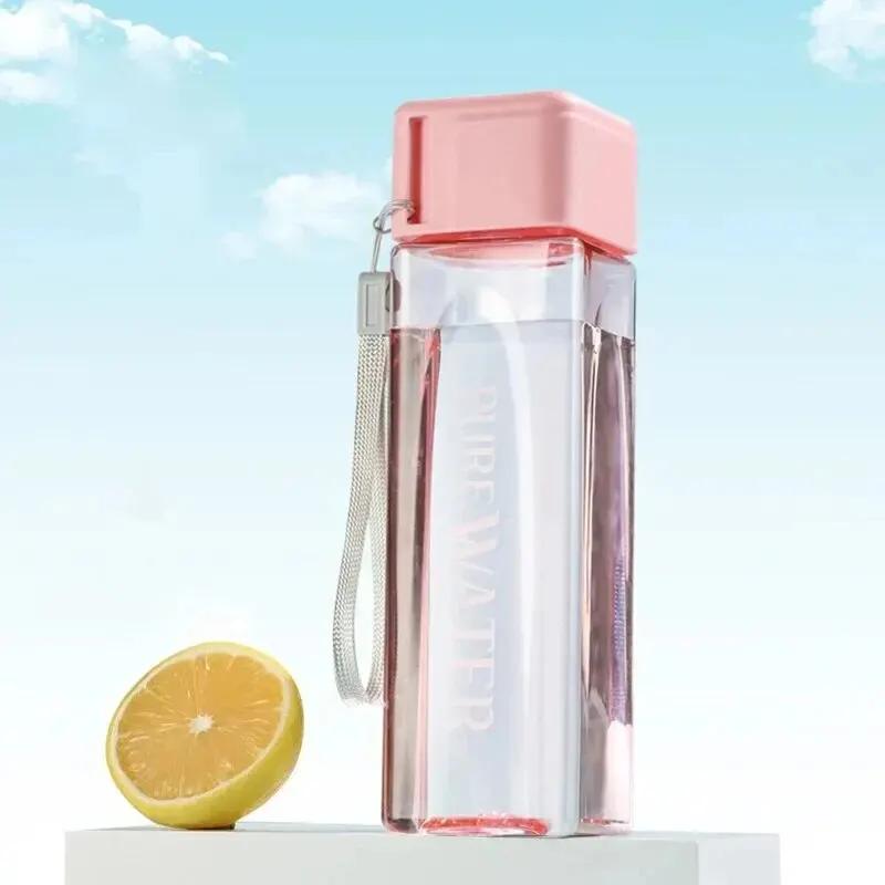 

1pcs 500ml Square Sports Water Bottle Leakproof Portable with Strap for Outdoor Gym Hiking Travel Coffee Juice Plastic Cup 500ml