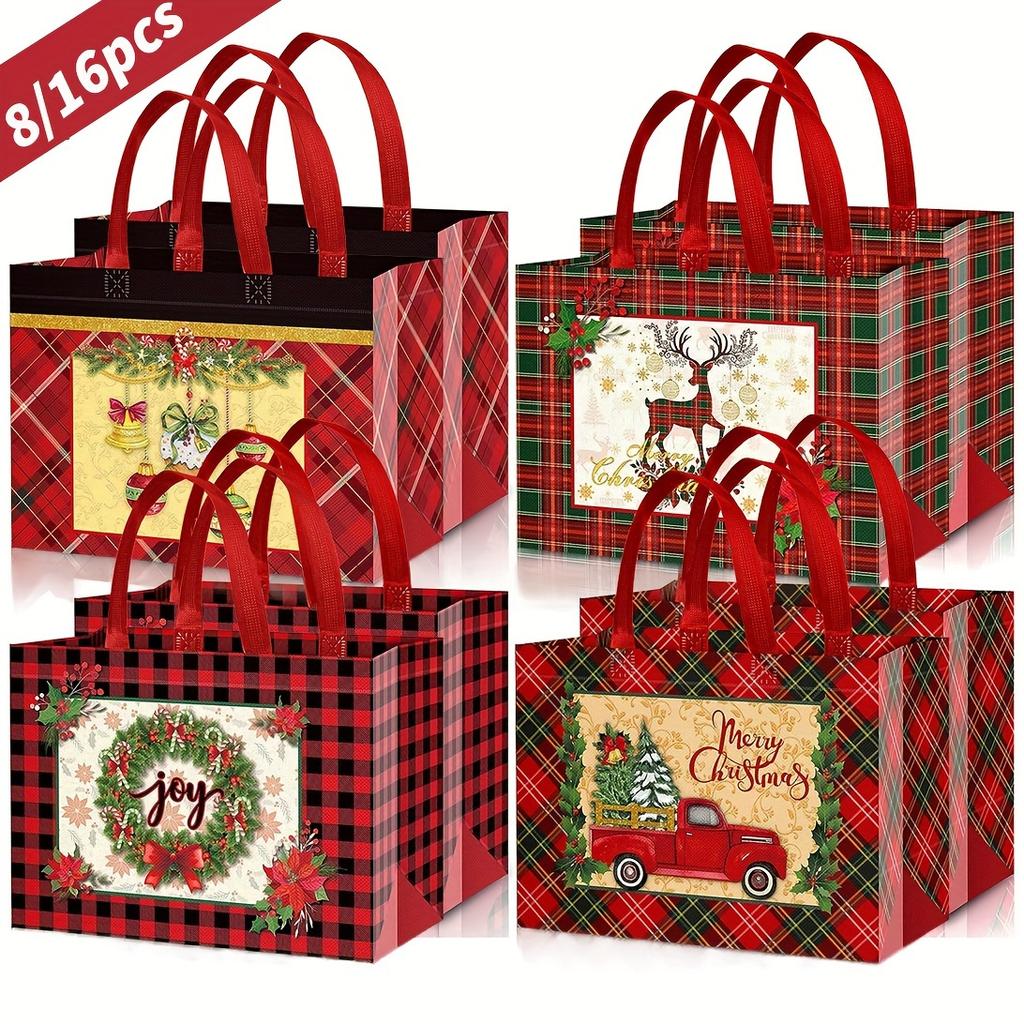 8/16pcs Festive Christmas Gift Bags With Handles - Foldable, Multi-Use Woven Fabric Totes For Home 2026 Winter Light Gift Packag