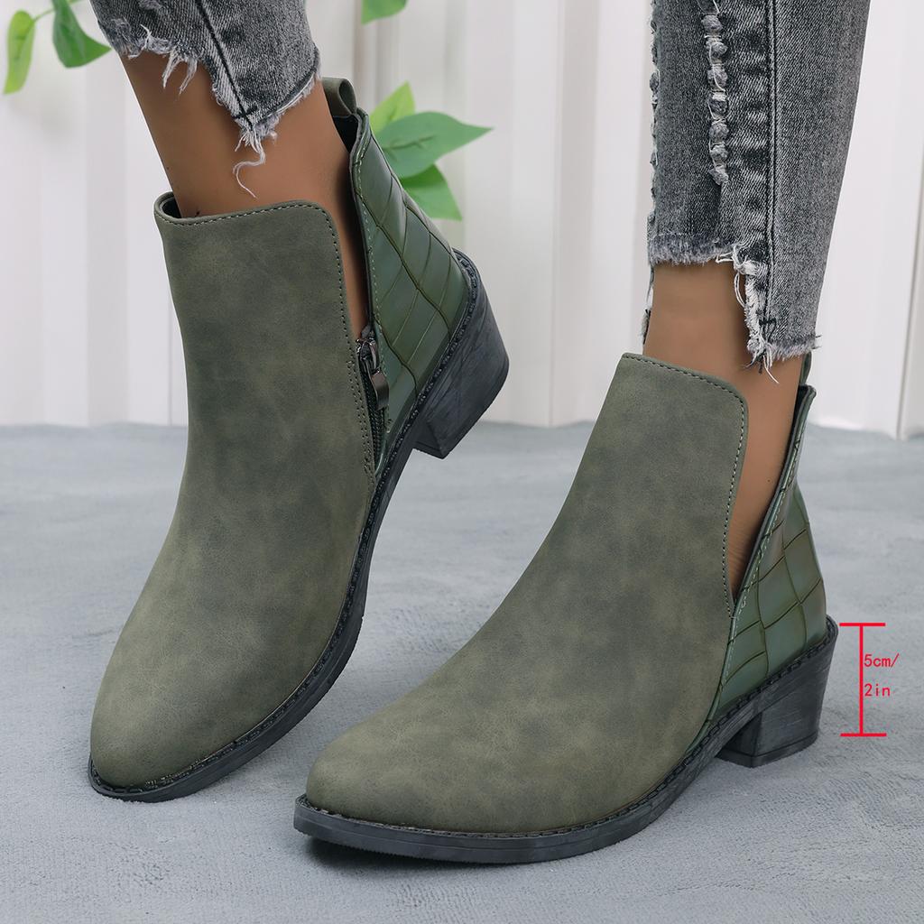 2026 New Women Women'S Fashionable and Casual Low Cut Pointed Toe Chunky Heel Zipper Short Ankle Women Boots Casual