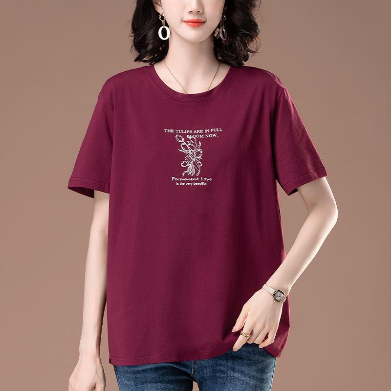 

Женская летняя хлопковая футболка свободного кроя большого размера - Повседневная футболка с полурукавом для среднего и пожилого возраста, скрывающая живот 3XL красный/фиолетовый