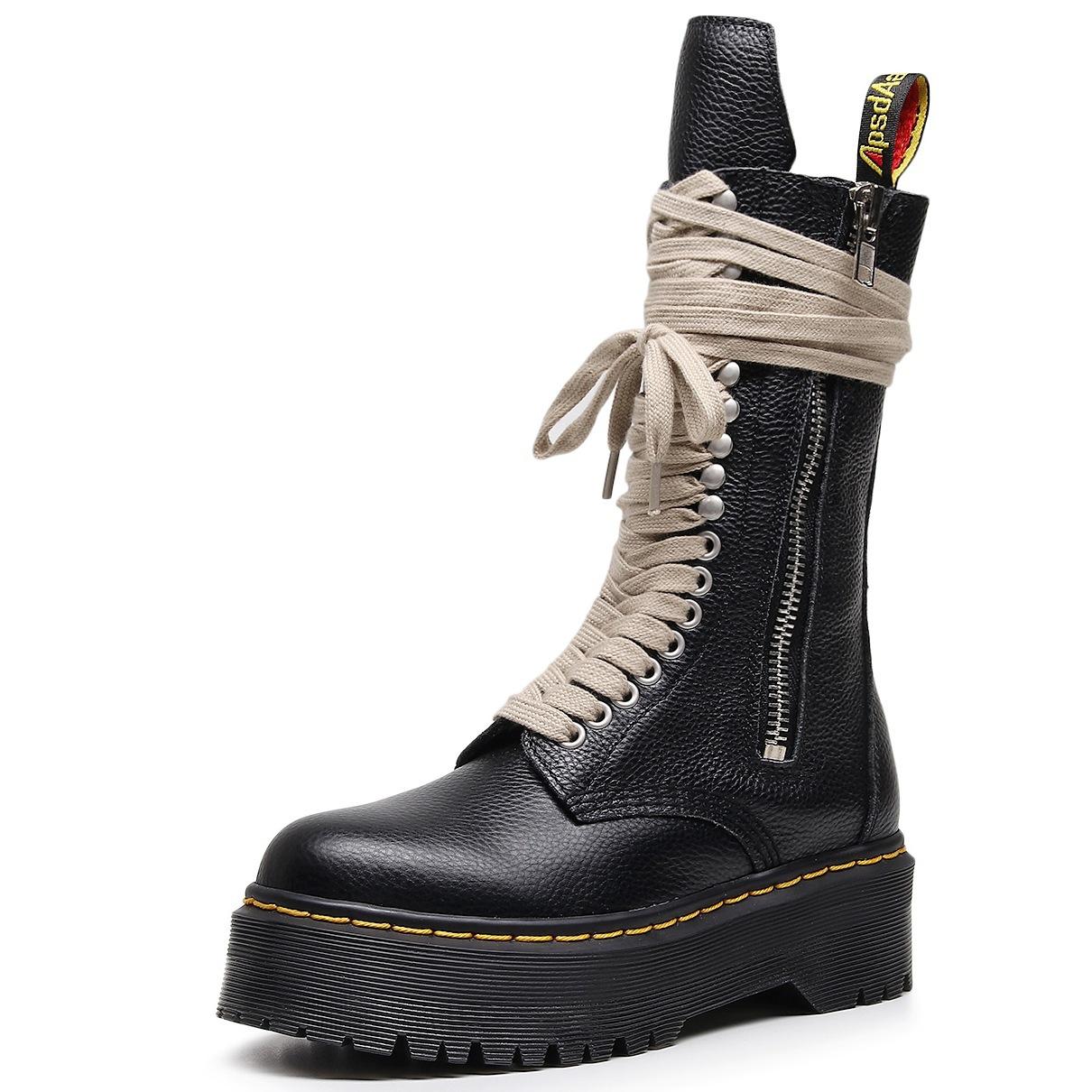 

Верхний слой толстая подошва дыра локомотивные ботинки женские боковая молния узор личи длинные сапоги кожа маффин подошва длинный язычок 35