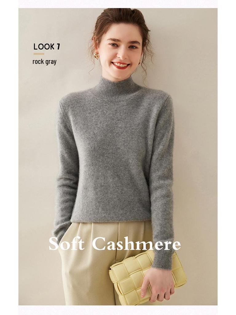 Women's Cashmere Half High Neck Slimming Solid Color Sweater for Autumn/Winter
