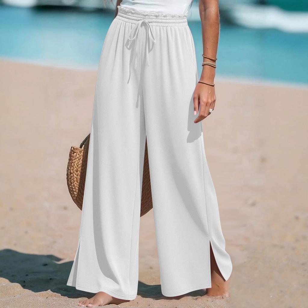 Women Wide Leg Split Pants Drawstring Waist Pockets Casual High Waist Pleated Beach Trousers Lightweight Loose Fit