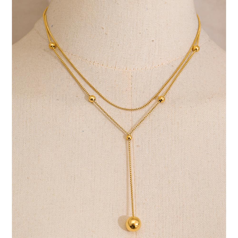 Yhpup Stainless Steel Double-Layer Chain Long Round Ball Drop Necklace Individualistic Casual Simple High Quality Neck Jewelry