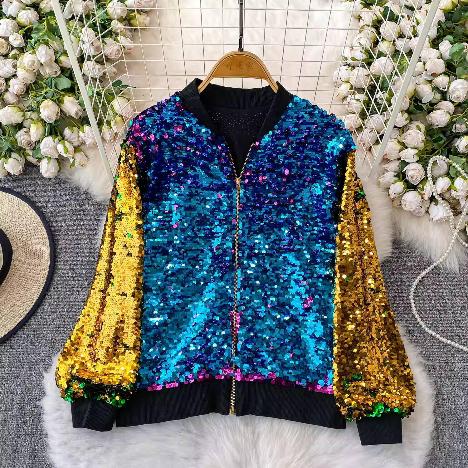 

Fashion Style Autumn New Women Long Sleeves Zipper Sequin Stand Collar Jacket Loose All Match Outerwear Top Woman Jacket One Size