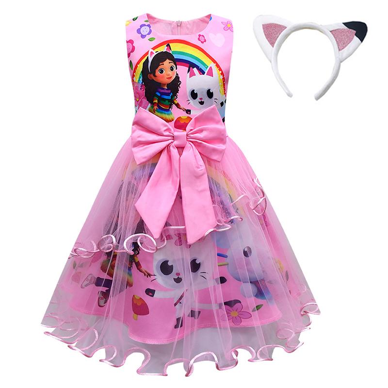 Gabby's poppenhuis Kinderen Zomer Gabby Katten Jurk Baby Meisjes Schattige Kant Prinses Jurk Peuters Meisjes Verjaardagsfeest Jurken Hoofddeksel 120 pink
