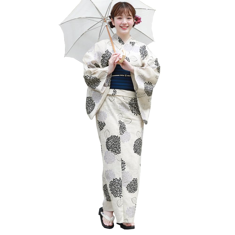 

uniquely woven yukata set with gray and navy hydrangea flat one size fits High-quality, cotton-linen (3-piece set, off-white pattern, obi, all)