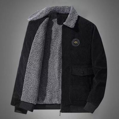 Men Autumn Winter Solid Color Casual Jacket Coat Lapel Long Sleeve Flap Pockets Corduroy Outwear Zipper Placket Fleece Lining Coat