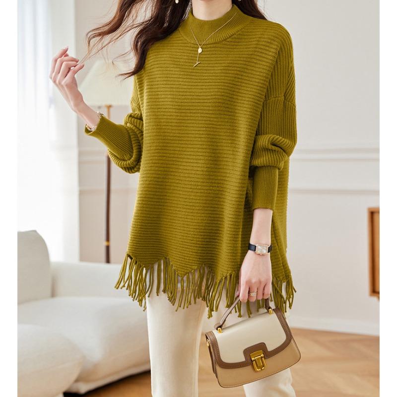 Medium and long fringed cape sweater femininity semi-turtleneck autumn and winter new loose large size knitted sweater