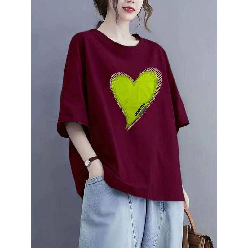 150kg Plus Size Korean Style Women's Short-Sleeve T-Shirt, Heart-Shaped Design, Loose Fit, Slimming Top, Cover-Up Shirt for Women